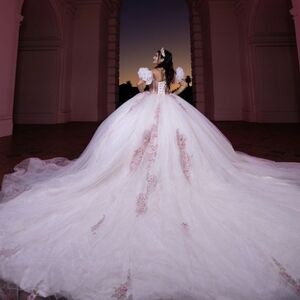Elegant White Ball Gown with Pink Floral Accents